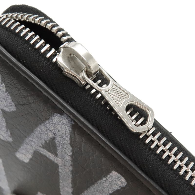 Balenciaga Long Wallet Round Zipper Graffiti Leather Black Silver Hardware