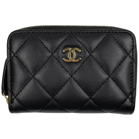 Chanel CC Logo Zip Around Coin Case Quilted Leather Black