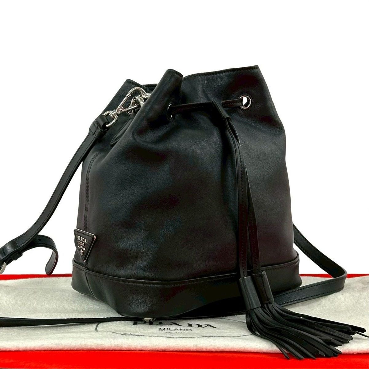 Prada Triangle Logo Tassel Leather Drawstring Shoulder Bag Pochette Crossbody