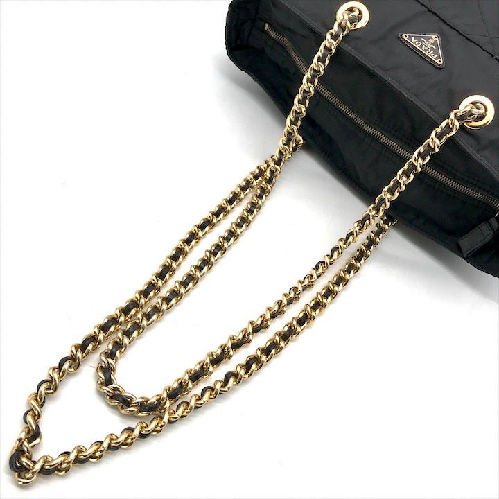 Prada Nylon Tessuto Quilted Chain Shoulder Tote Black