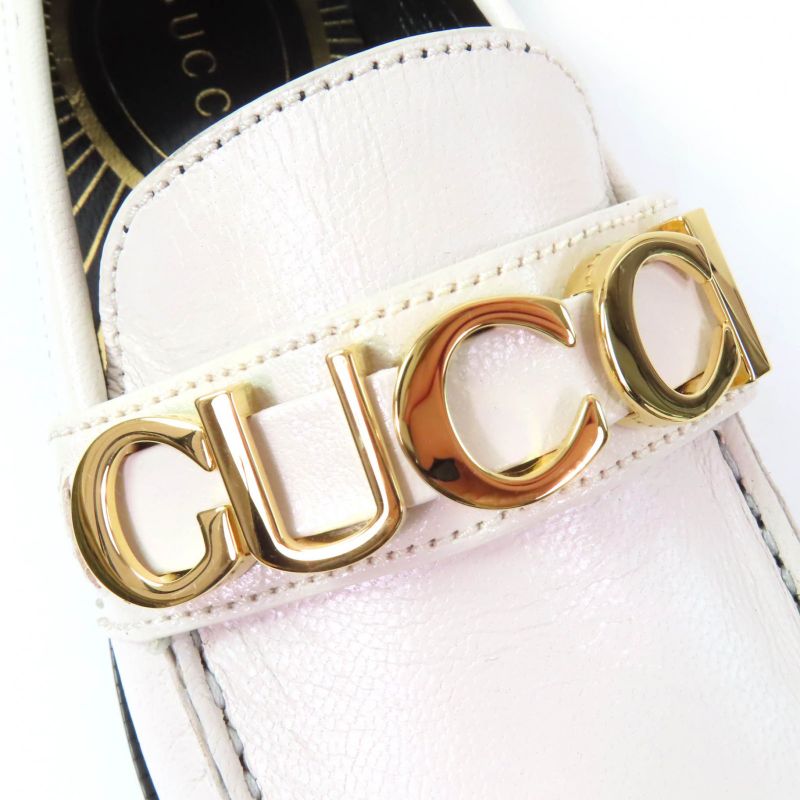 Gucci 700036 Metal Logo Leather Loafer Ivory Gold Hardware 36.5 With Box And