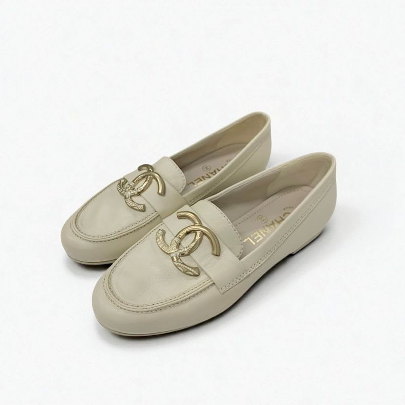 Chanel Loafer Leather Shoes Beige Gold Coco Mark Flat
