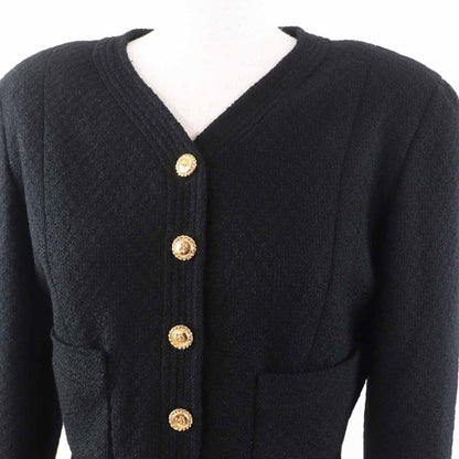 CHANEL Vintage Wool 100% Silk Lining No Collar With Coco Mark Gold Buttons