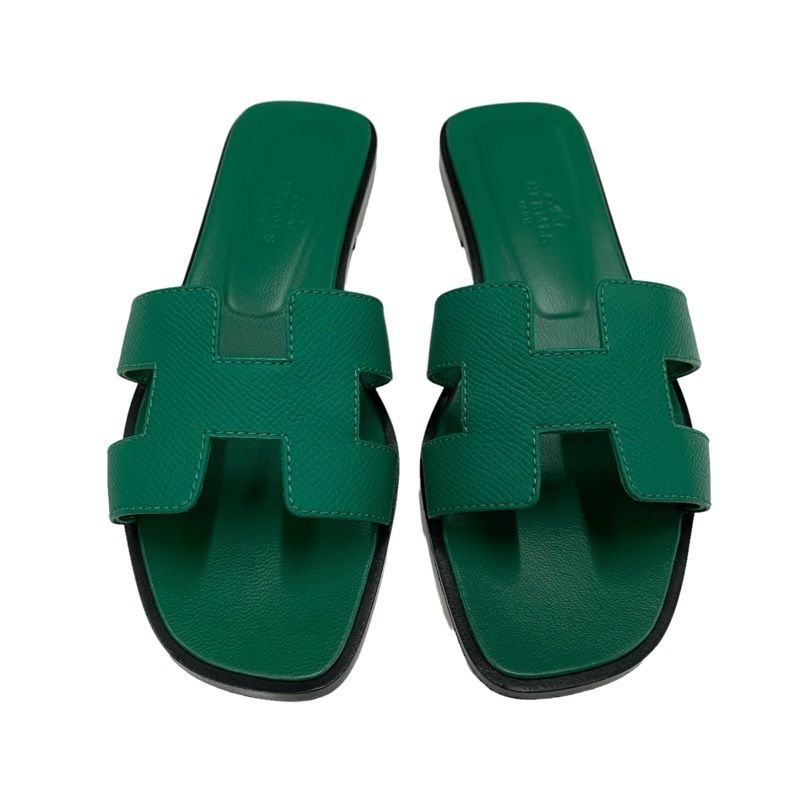 Hermes Oran Sandals Shoes Leather Green Flat Sandals Mules