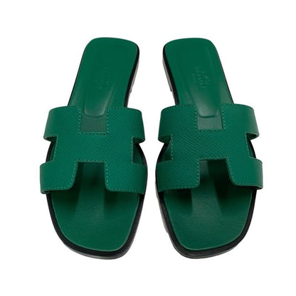 Hermes Oran Sandals Shoes Leather Green Flat Sandals Mules