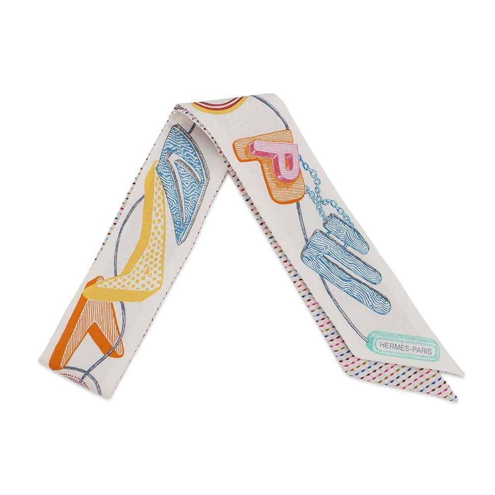 Hermes Scarf Twirl Scope Neon Pointier Embroidery Silk Blanc Rose Vert