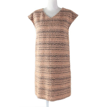 Chanel French Sleeve Tweed Dress With Coco Mark Plate Beige Black 34