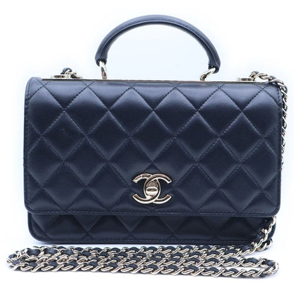 Chanel Quilted CC Logo Top Handle Chain Wallet Shoulder Bag Lambskin Black