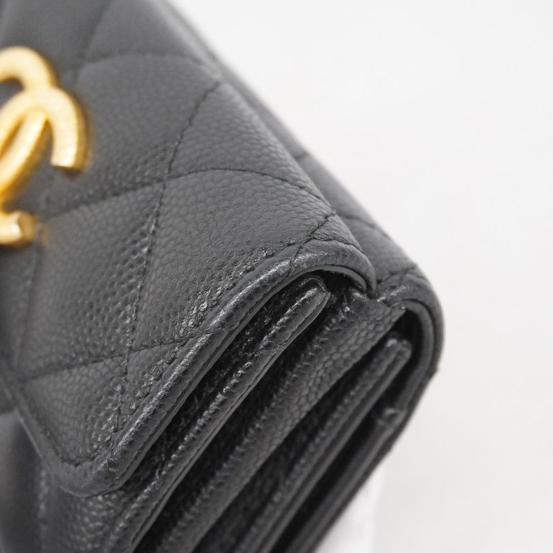 Chanel Trifold Wallet Matelasse Caviar Skin Black Gold Hardware Women