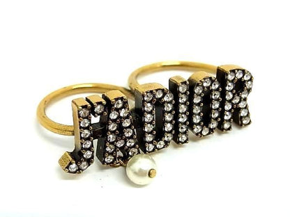Christian Dior J'A DIOR Rhinestone Pearl Double Finger Ring Size M