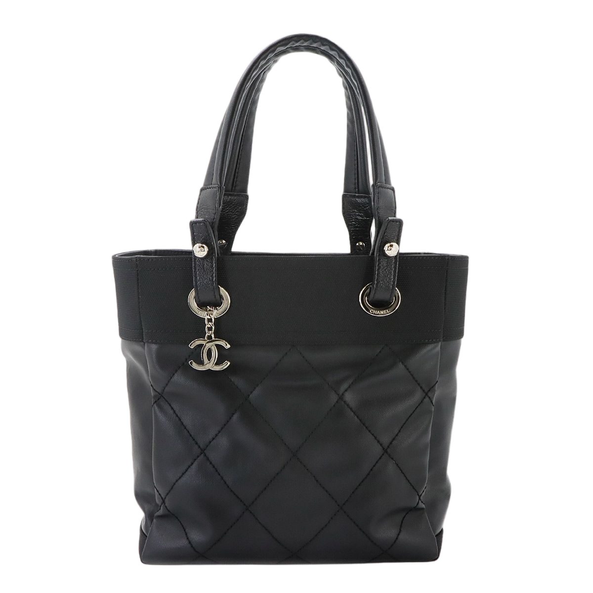 Chanel Paris Biarritz PM Tote Nylon Leather Black Silver
