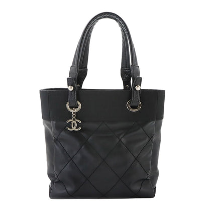 Chanel Paris Biarritz PM Tote Nylon Leather Black Silver