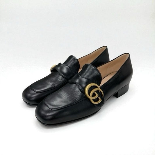 Gucci Double G Loafers Leather Shoes Black Gold GG Marmont
