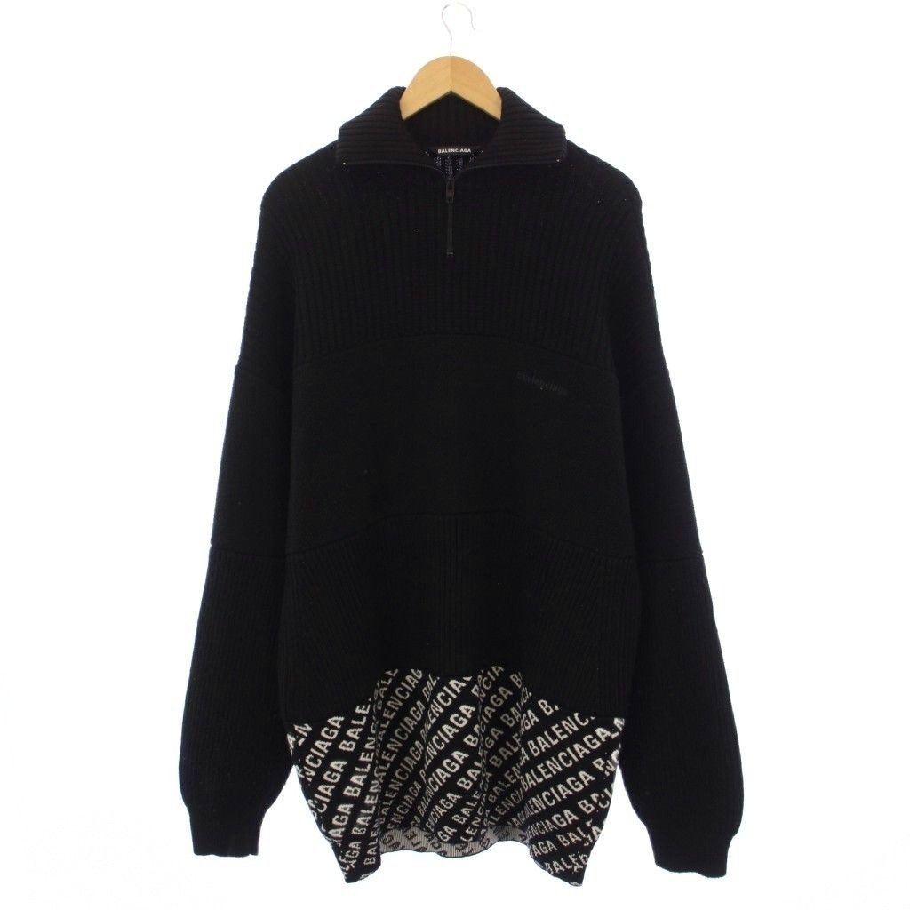 Balenciaga Logo Allover Pattern Contrast Half Zip Knit Sweater Wool S Black