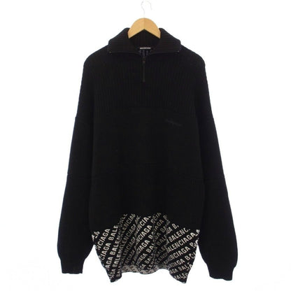 Balenciaga Logo Allover Pattern Contrast Half Zip Knit Sweater Wool S Black