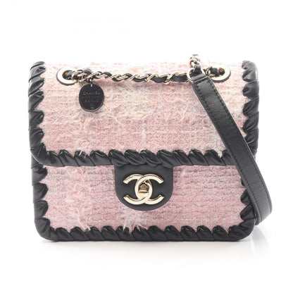 Chanel Shoulder Bag Pink Black Fabric Lambskin Turnlock Mini Chain