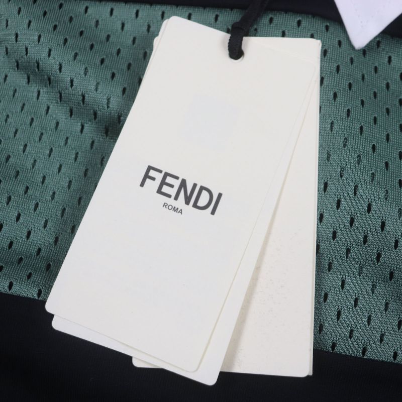  Fendi 2020 Faf630 Striped Logo Embroidery Mesh Short Sleeve Polo Shirt Green