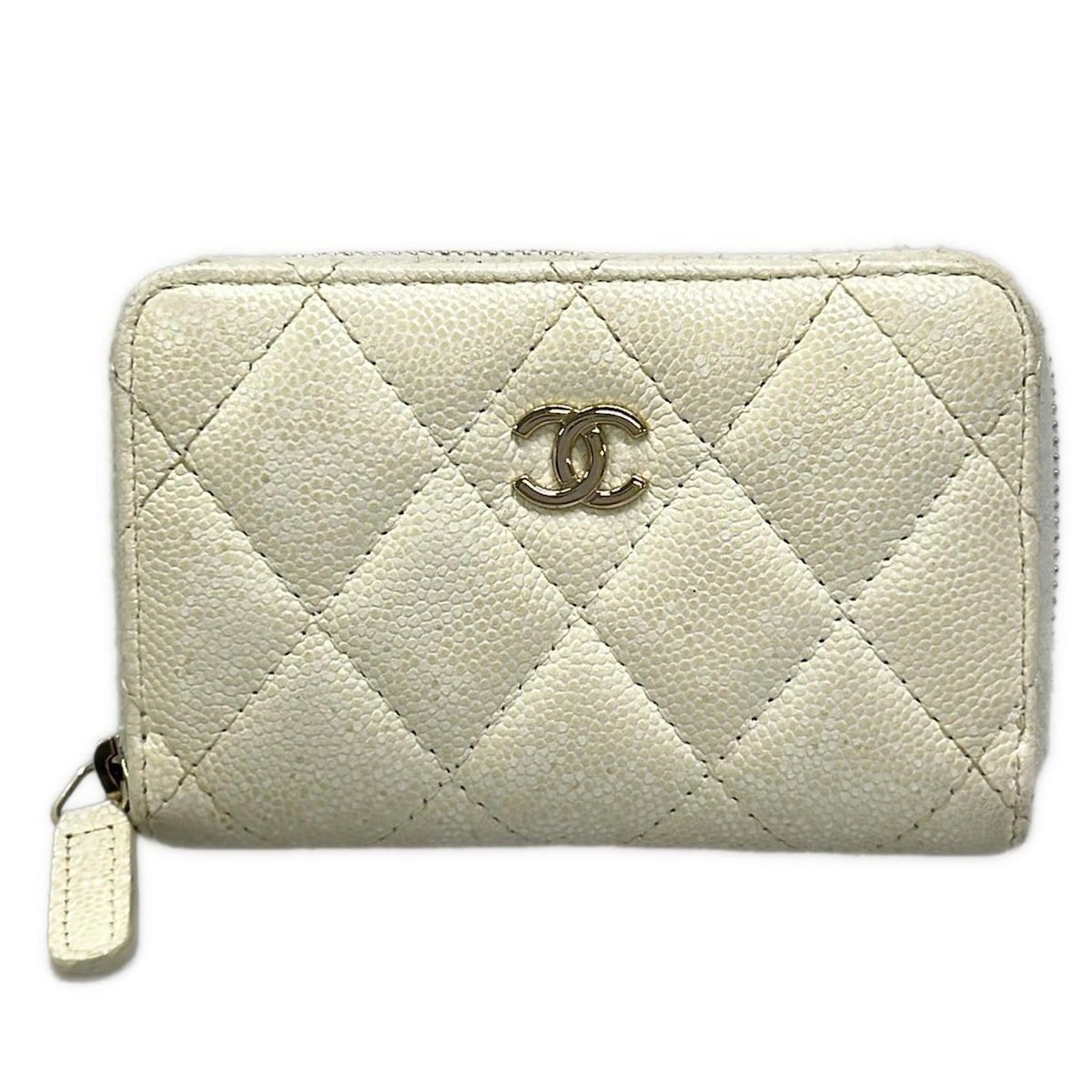 Chanel Coin Case Quilted White Gold Zip Around CC Logo