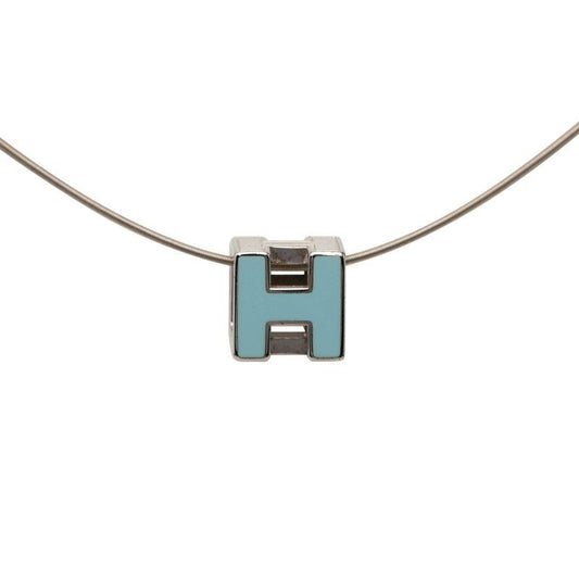 Hermes Cage de Ash Cube Necklace Silver Light Blue Metal