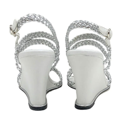 Chanel Sandals Shoes Leather Silver White Coco Mark Strap Wedge Sole