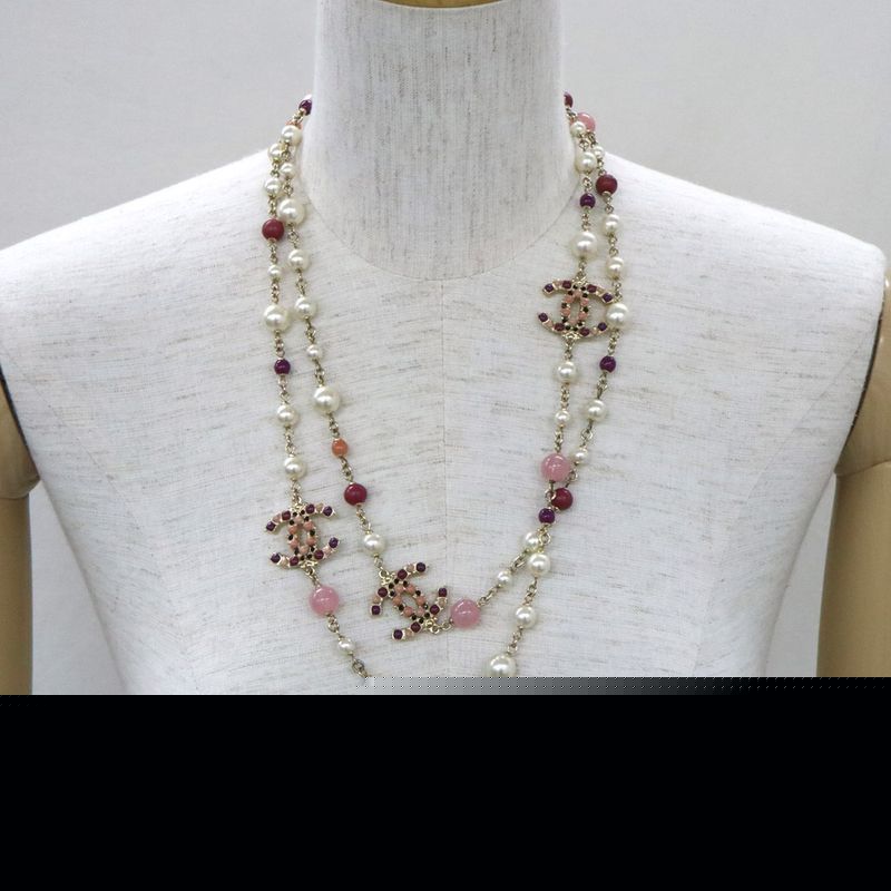 Chanel 3coco Mark Long Chain Necklace Pearl Multicolor Stone Gold