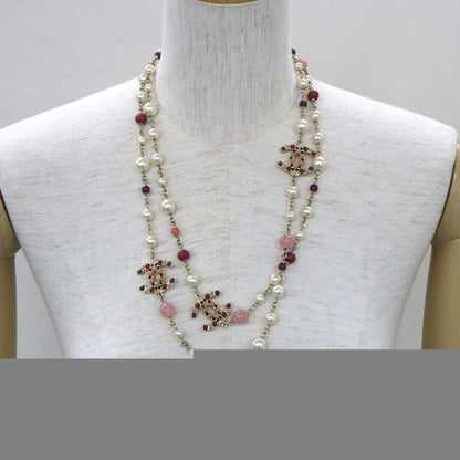 Chanel 3coco Mark Long Chain Necklace Pearl Multicolor Stone Gold