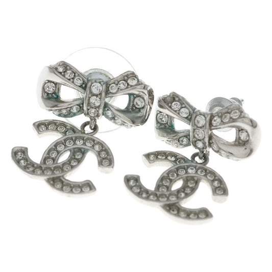 Chanel Rhinestone Ribbon CC Logo Earrings Silver