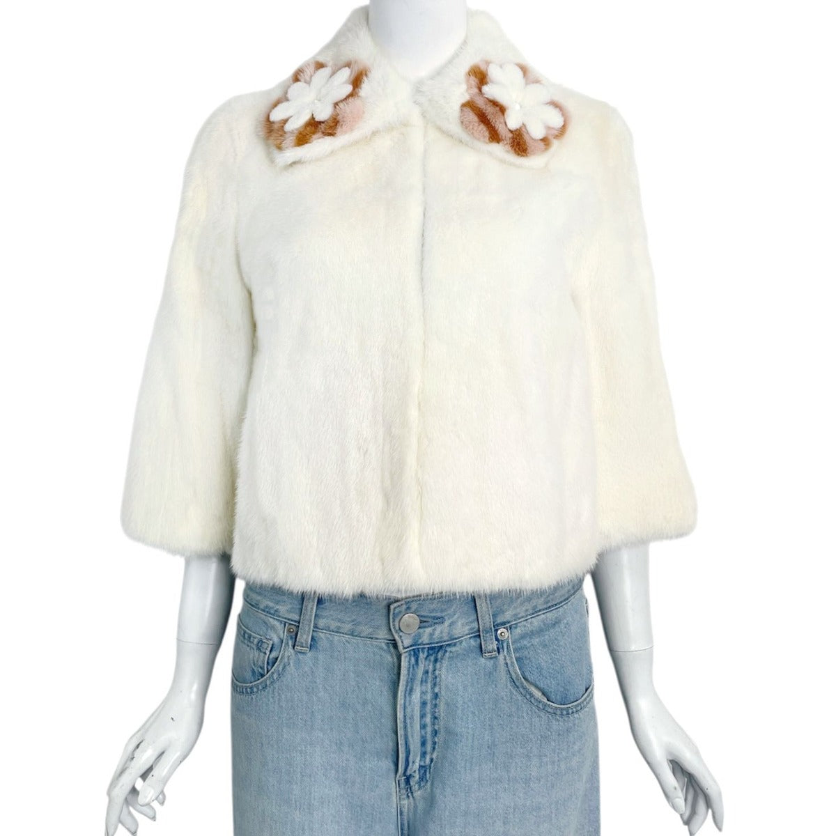 Fendi Coat Mink Leather Fur Floral Pattern White