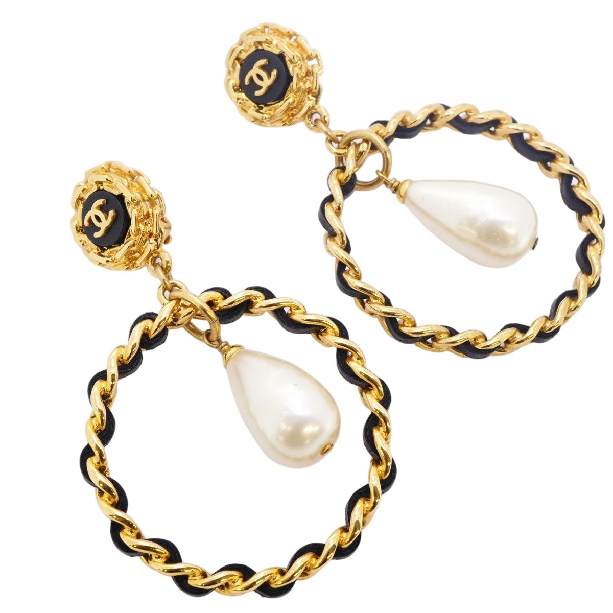 Chanel Earrings Vintage CC Logo Gold Plated Faux Pearl Black Cles Diss — view 2