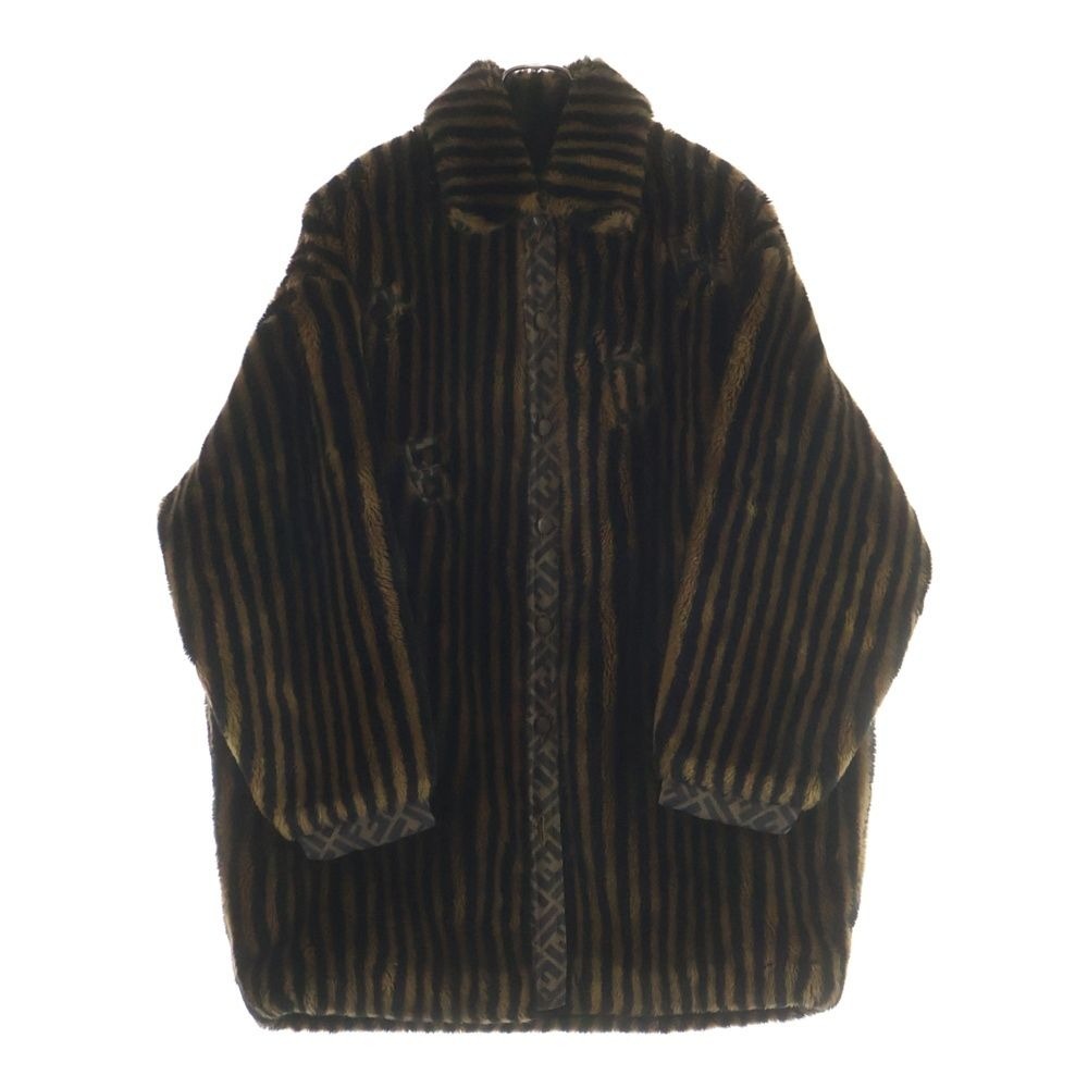 Fendi Jeans Vintage Zucca Pattern Striped Faux Fur Coat Half Acrylic Brown Black