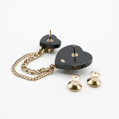 Chanel Brooch Corsage Black Gold Coco Mark Rhinestone Chain Heart