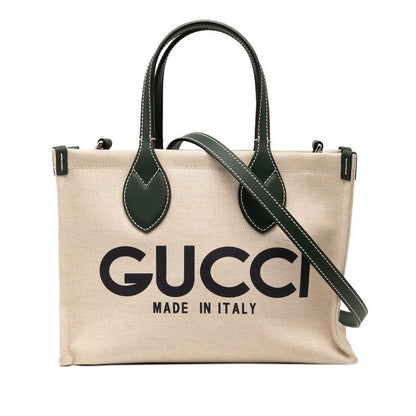 Gucci Logo Print Mini Tote Shoulder Bag 2-Way Beige Green Canvas Leather