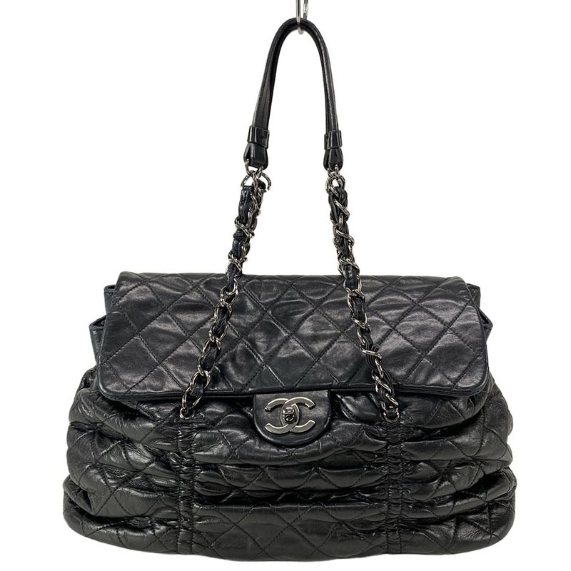 Chanel Matelasse Black Chain Shoulder Bag / Silver Hardware / Gathered Lambskin