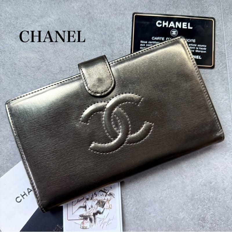Chanel Coco Long Wallet with Clasp Gold Leather Bifold