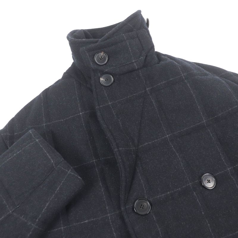 Hermes 23AW Cashmere Blend Windowpane Padded Double Breasted Coat Patted Coat