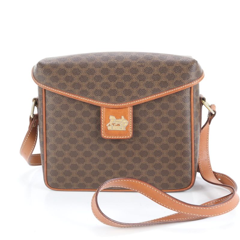 Vintage Celine Macadam Leather Shoulder Bag Crossbody Brown Tote Women's RRE