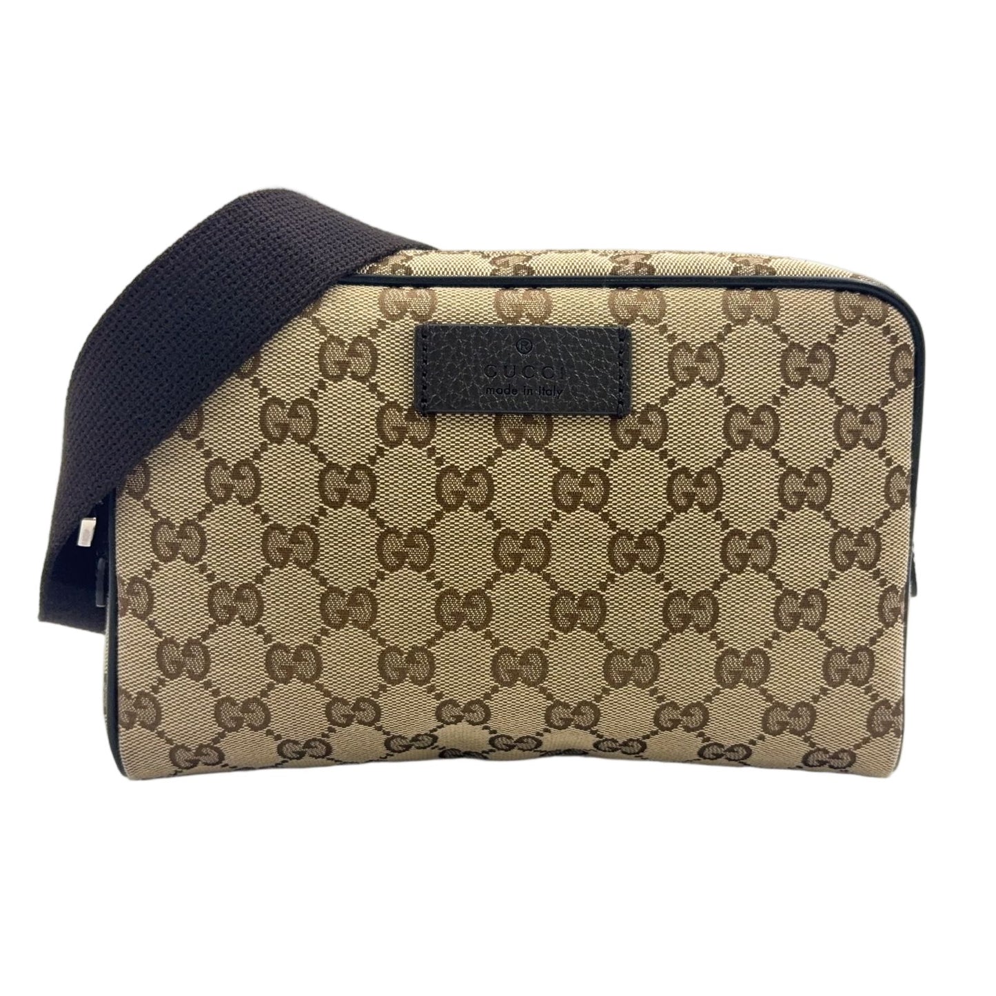 Gucci GG Canvas Leather Dark Brown Beige Belt Bag Silver