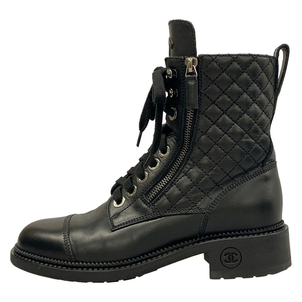 Chanel Short Boots 37.5 Black Quilted CC Logo Double Zip Lace Up Leather
