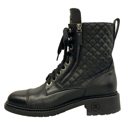 Chanel Short Boots 37.5 Black Quilted CC Logo Double Zip Lace Up Leather