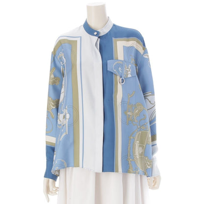 Hermes Silk Twill Laine Exlibris Wide Long Sleeve Shirt Top Blue 38