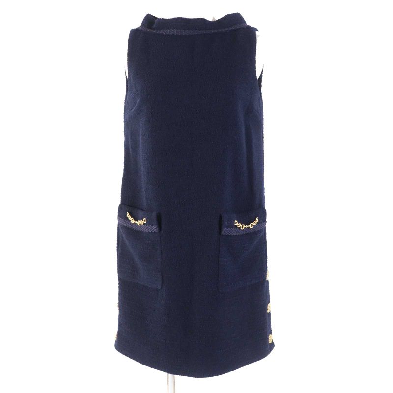 Gucci 652725 Wool With Horsebit Monochrome Tweed Sleeveless Dress Navy Gold