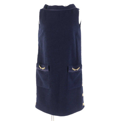 Gucci 652725 Wool With Horsebit Monochrome Tweed Sleeveless Dress Navy Gold