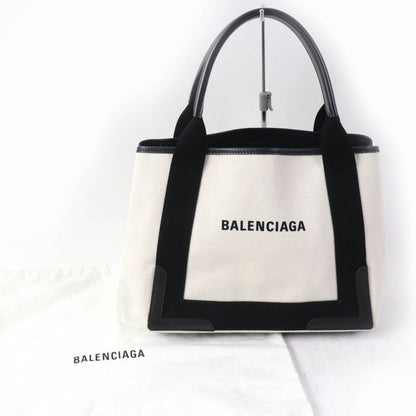 Balenciaga 339933 Small Cabas Su Cotton Canvas And Black Calfskin Handbag With