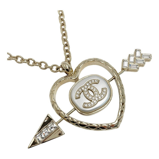 Chanel Coco Mark Heart Arrow Necklace B23 C Gold GP Rhinestone