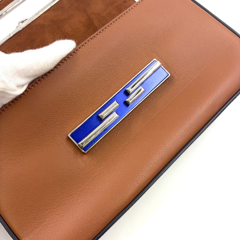 Fendi Baguette Chain Shoulder Leather Orange Brown And Black Shoulder Bag Silver