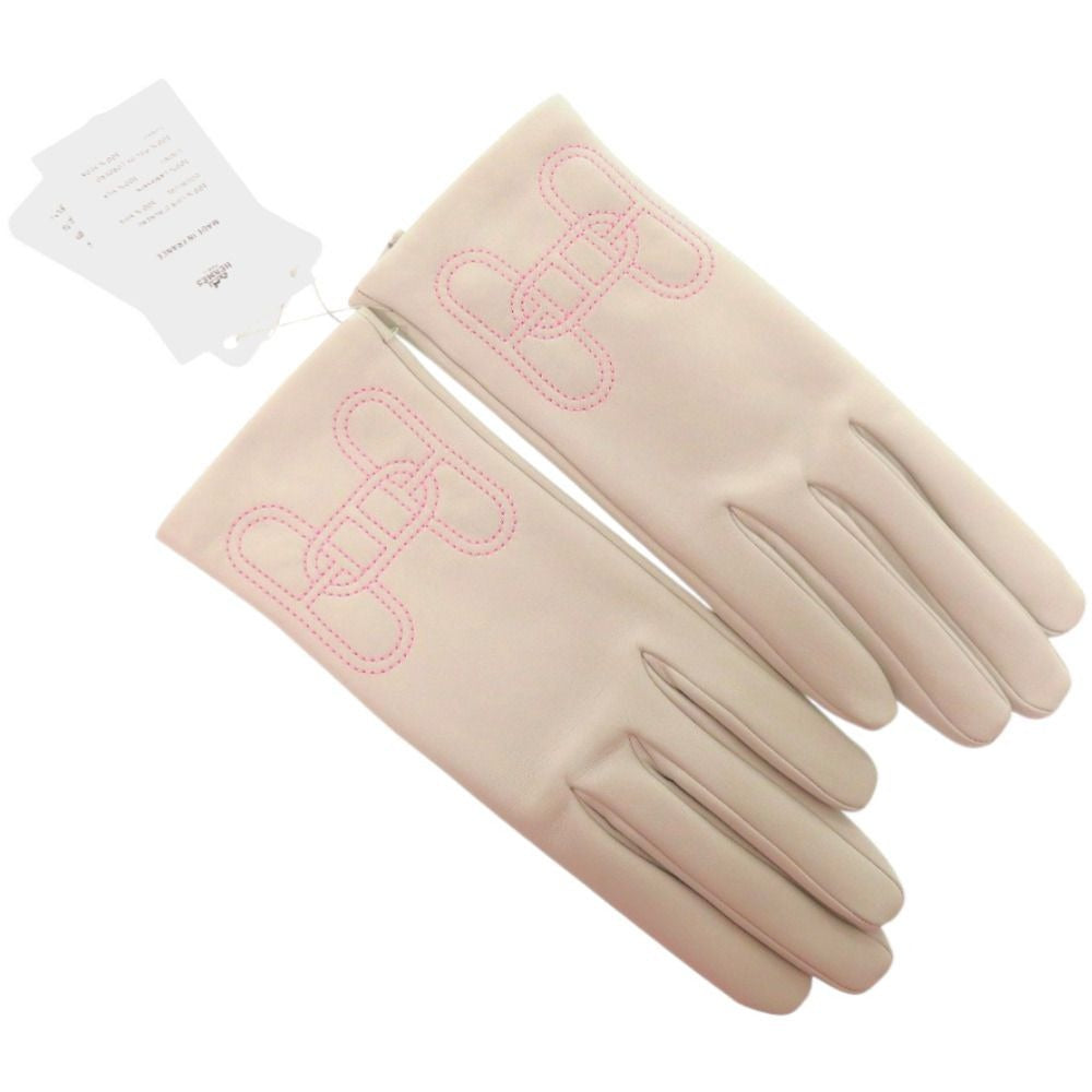 Hermes Gloves Chaine D'ancre Lambskin Silk Pearl Gray Graypink