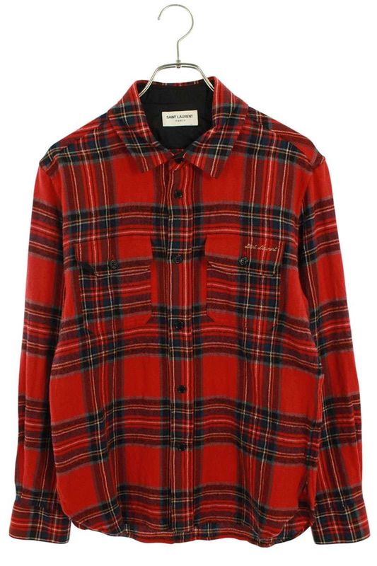 Saint Laurent Paris 636581 Y2b37 Logo Stitch Tartan Checked Long Sleeve Shirt