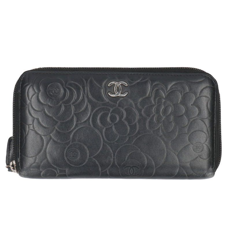 Chanel Coco Mark Camelia Embossed Round Zip Wallet Women