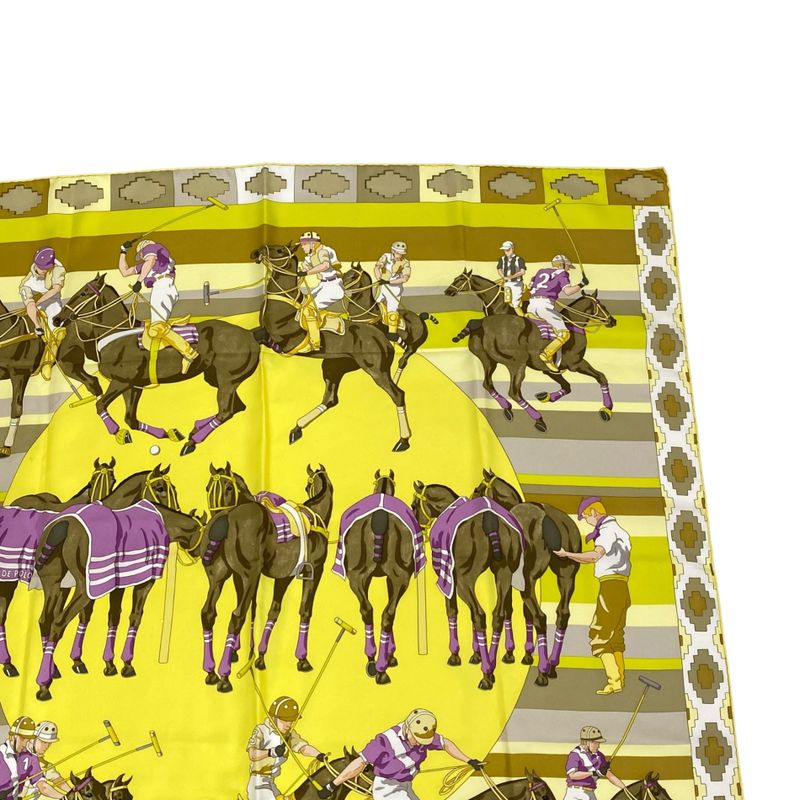 Hermes Carré 90 Scarf Silk LES Poneys DE POLO Large Size Horse Print Yellow