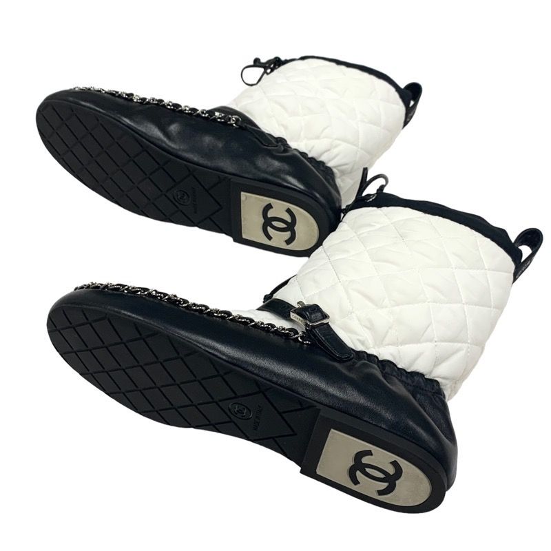 Chanel Boots Short Boots Shoes Nylon Leather White Black Matelasse Chain Belt